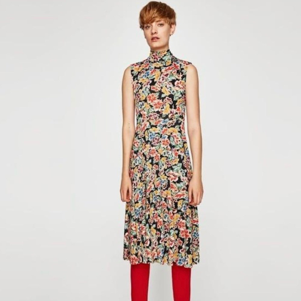 Zara Floral Mock Neck Sleeveless Midi Dress Medium Boho Cottagecore Vtg Retro - Picture 1 of 13